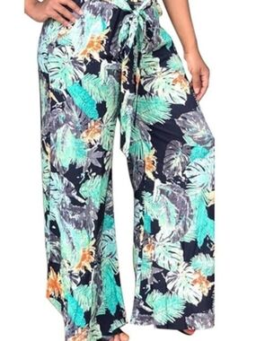 Women Vintge High Waist Floral Print Palazzo Wide Leg Boho Pants with Belt